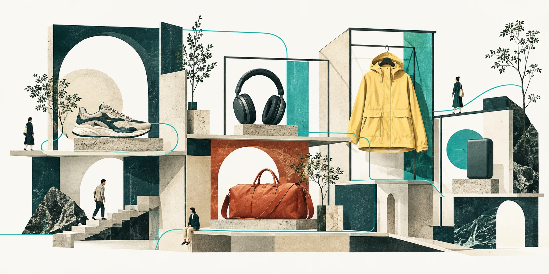 An architectural marketplace of sneakers, headphones, a travel bag and a raincoat, connected by turquoise paths and explored by small shoppers.